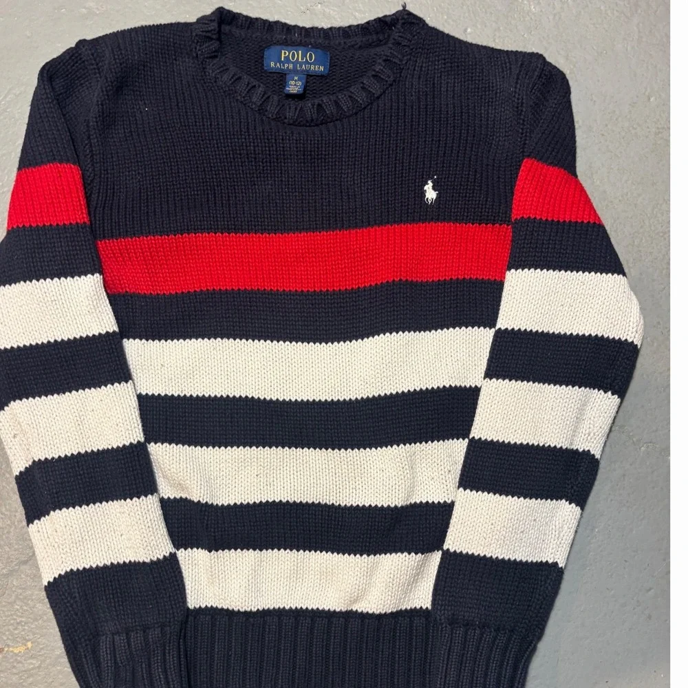 Polo Ralph Lauren Boys‎ SM 6/8 Navy Blue Red White Striped Cotton Knit Sweater